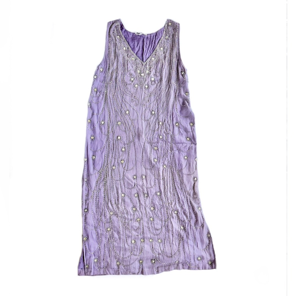 Women’s Vintage Sister Max 100% Silk Hand Beaded Sift Dress Purple Collectible